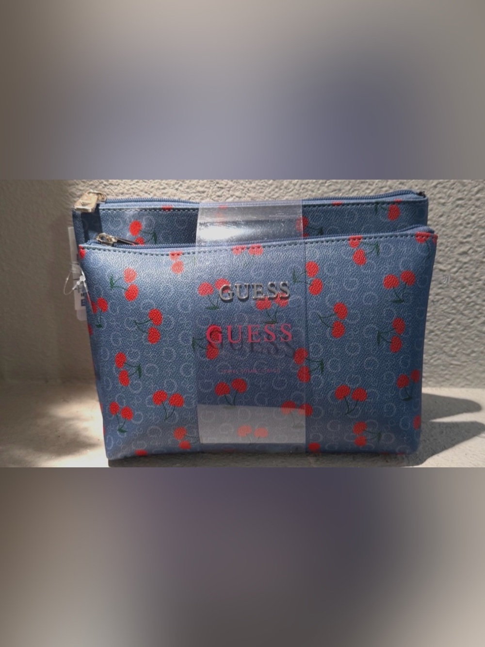 GUESS Blue Cherry Print Double-Zip Cosmetic Bags